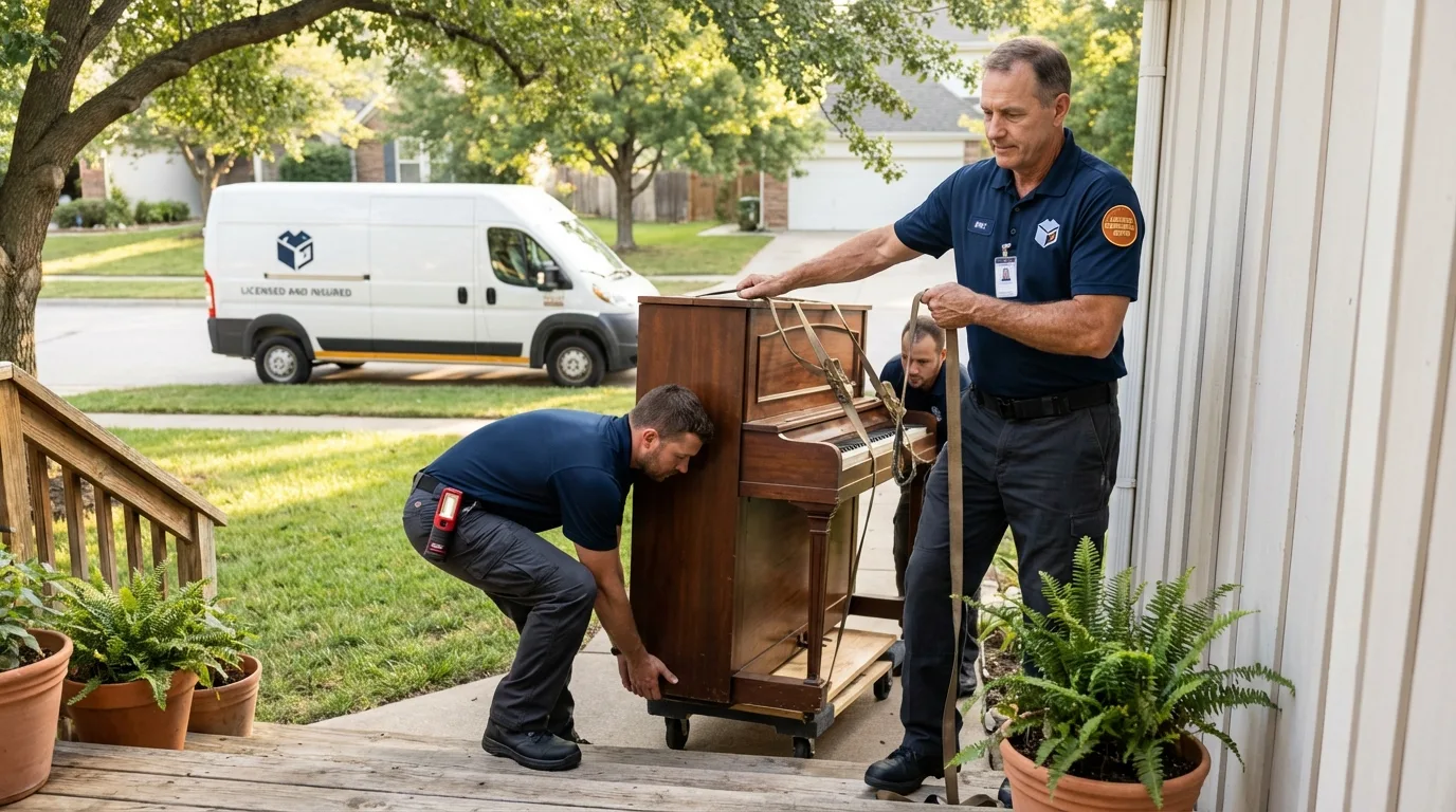 Licensed piano movers securing grand piano in Red Bank, NJ