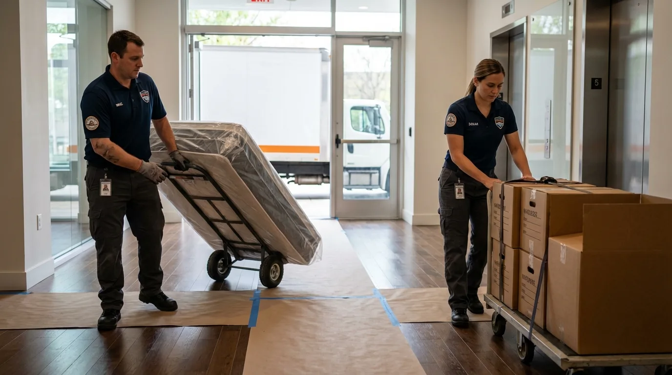 Professional apartment movers loading elevator in Red Bank, NJ