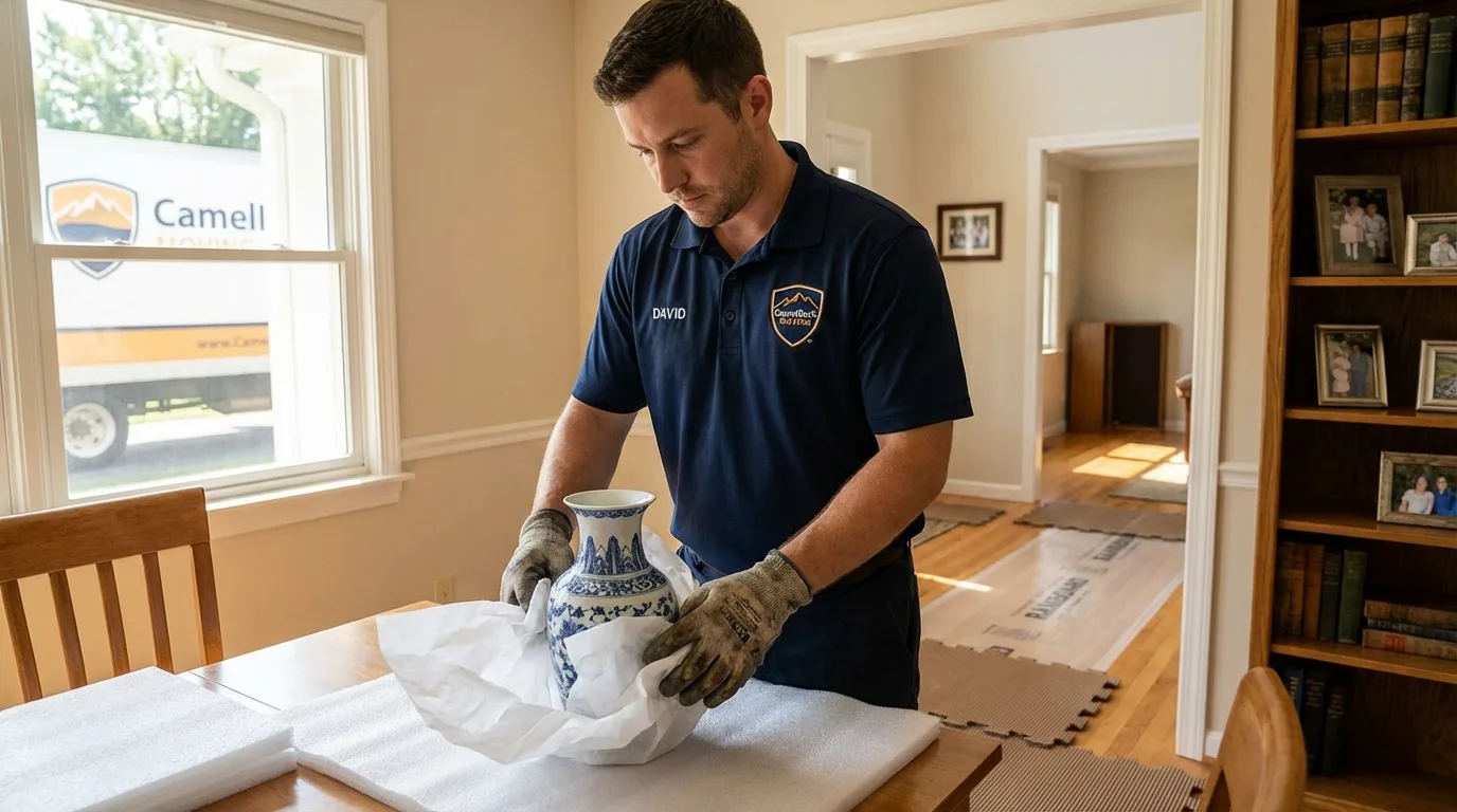 Professional crew carefully wrapping antique vase for senior downsizing move in Red Bank, NJ